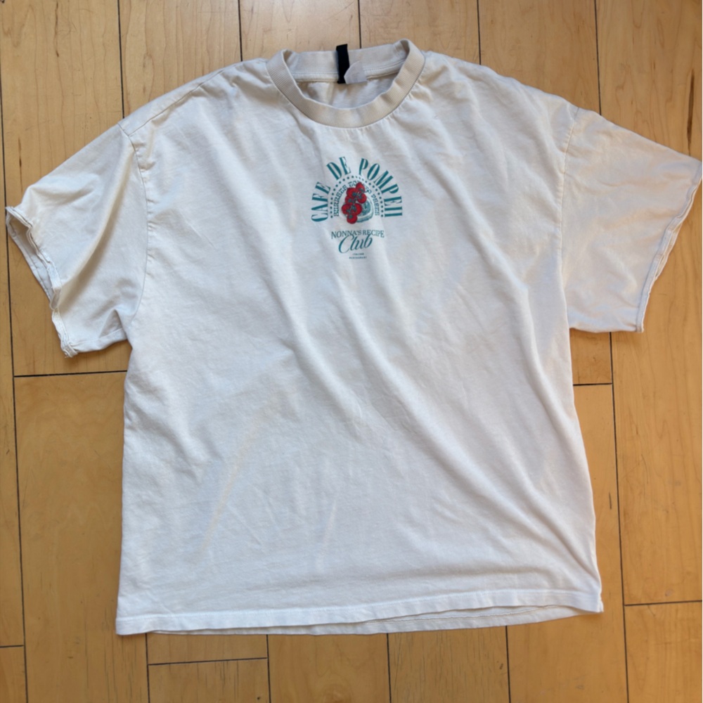 H&M Off-White Graphic Tee with Teal Logo